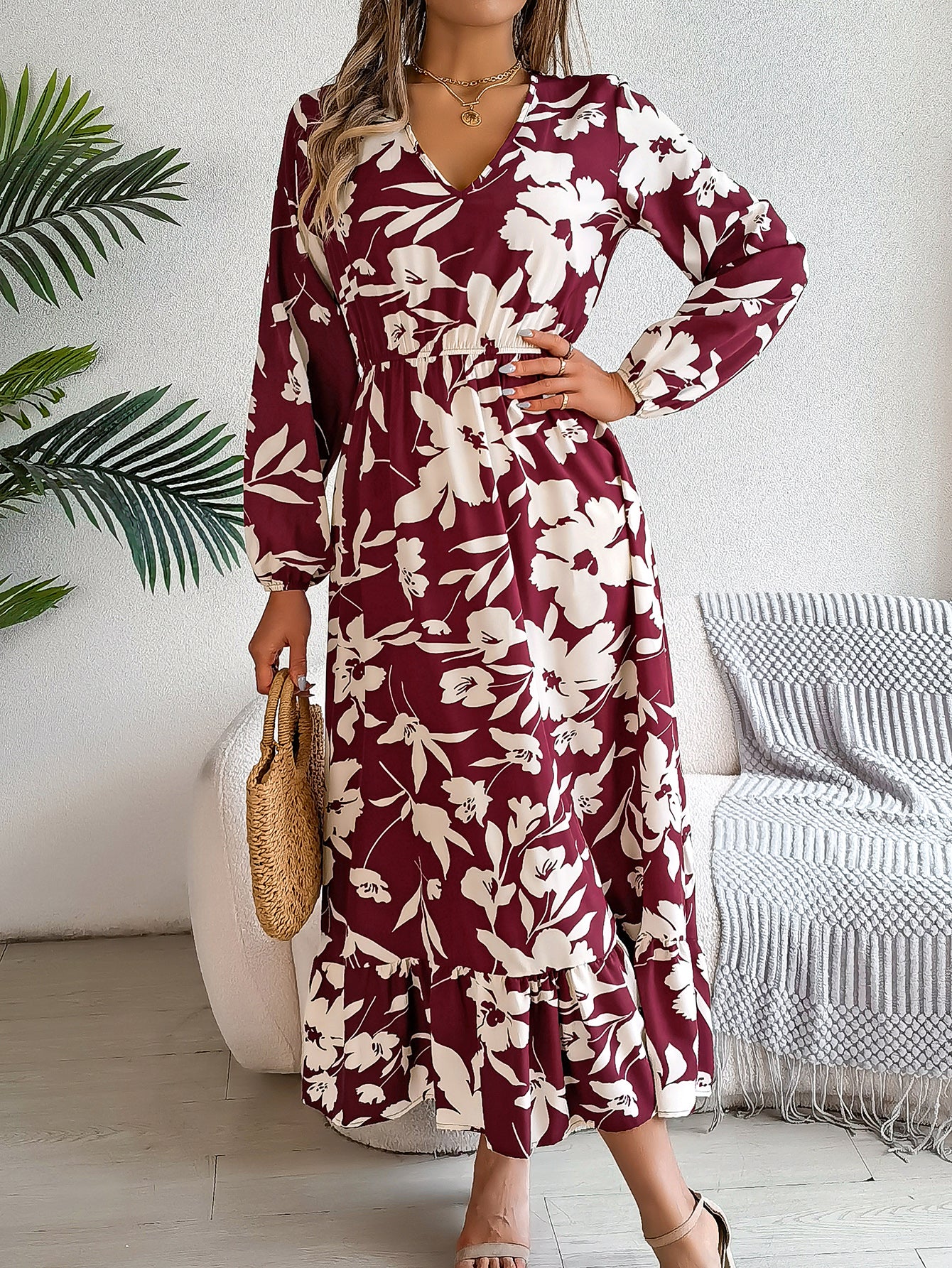 Casual Floral Print Tie Waist Long Sleeve Ruffle Dress