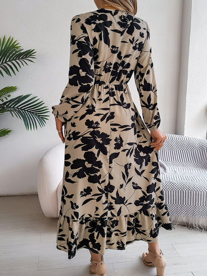 Casual Floral Print Tie Waist Long Sleeve Ruffle Dress