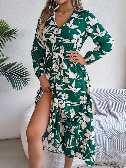 Casual Floral Print Tie Waist Long Sleeve Ruffle Dress