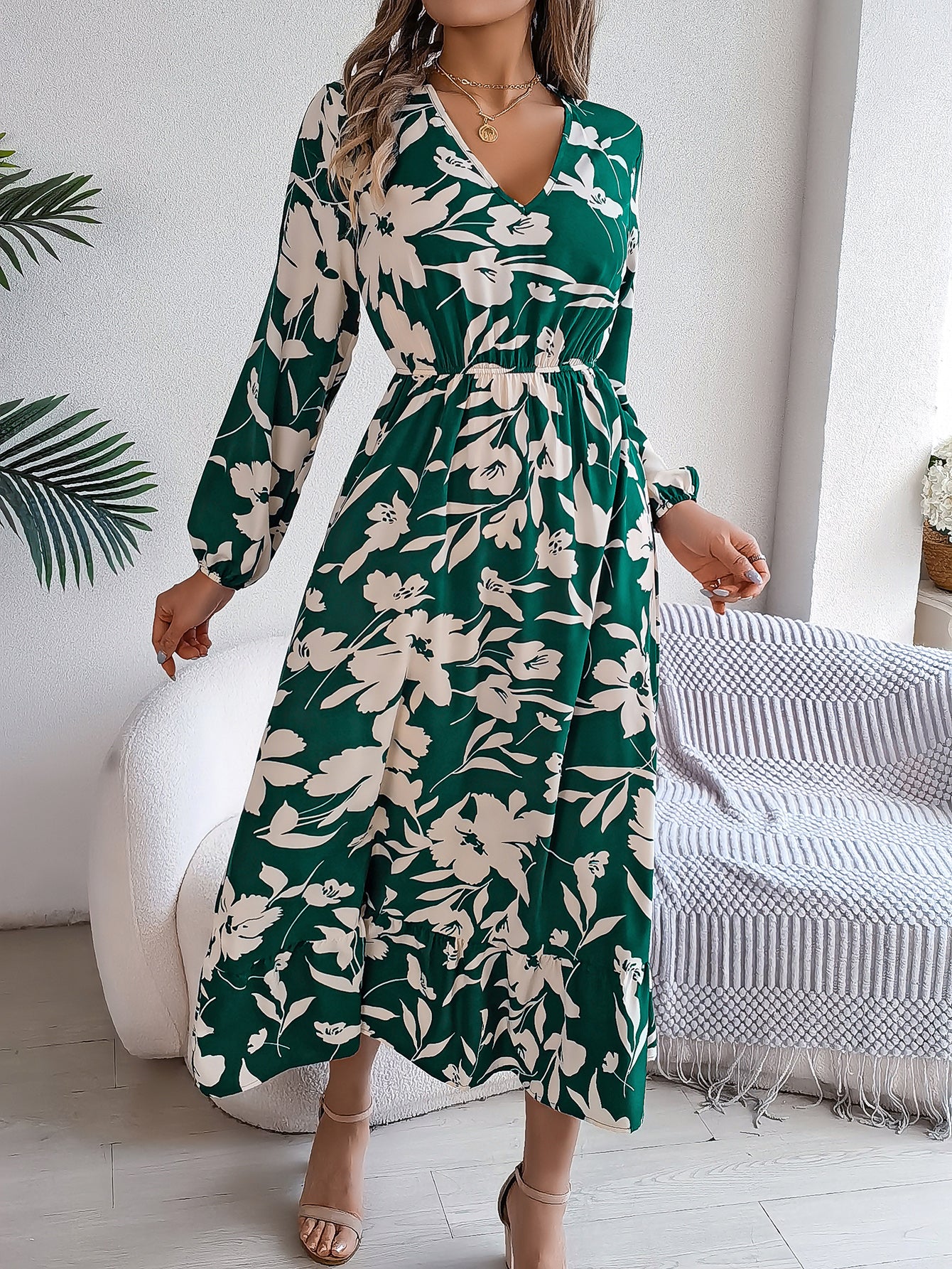 Casual Floral Print Tie Waist Long Sleeve Ruffle Dress