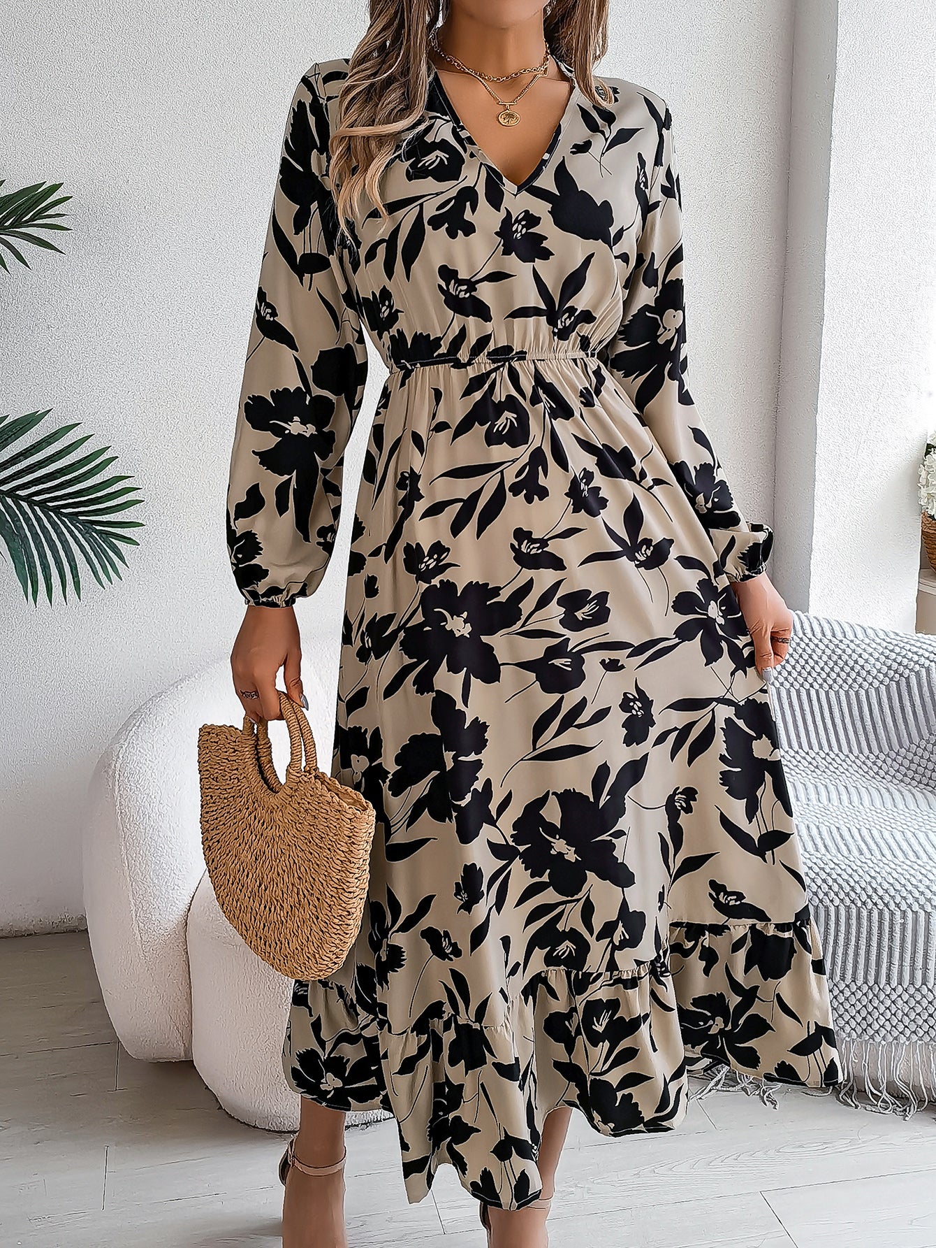 Casual Floral Print Tie Waist Long Sleeve Ruffle Dress