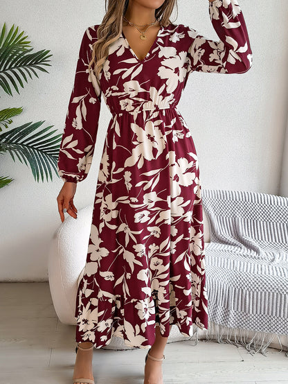 Casual Floral Print Tie Waist Long Sleeve Ruffle Dress