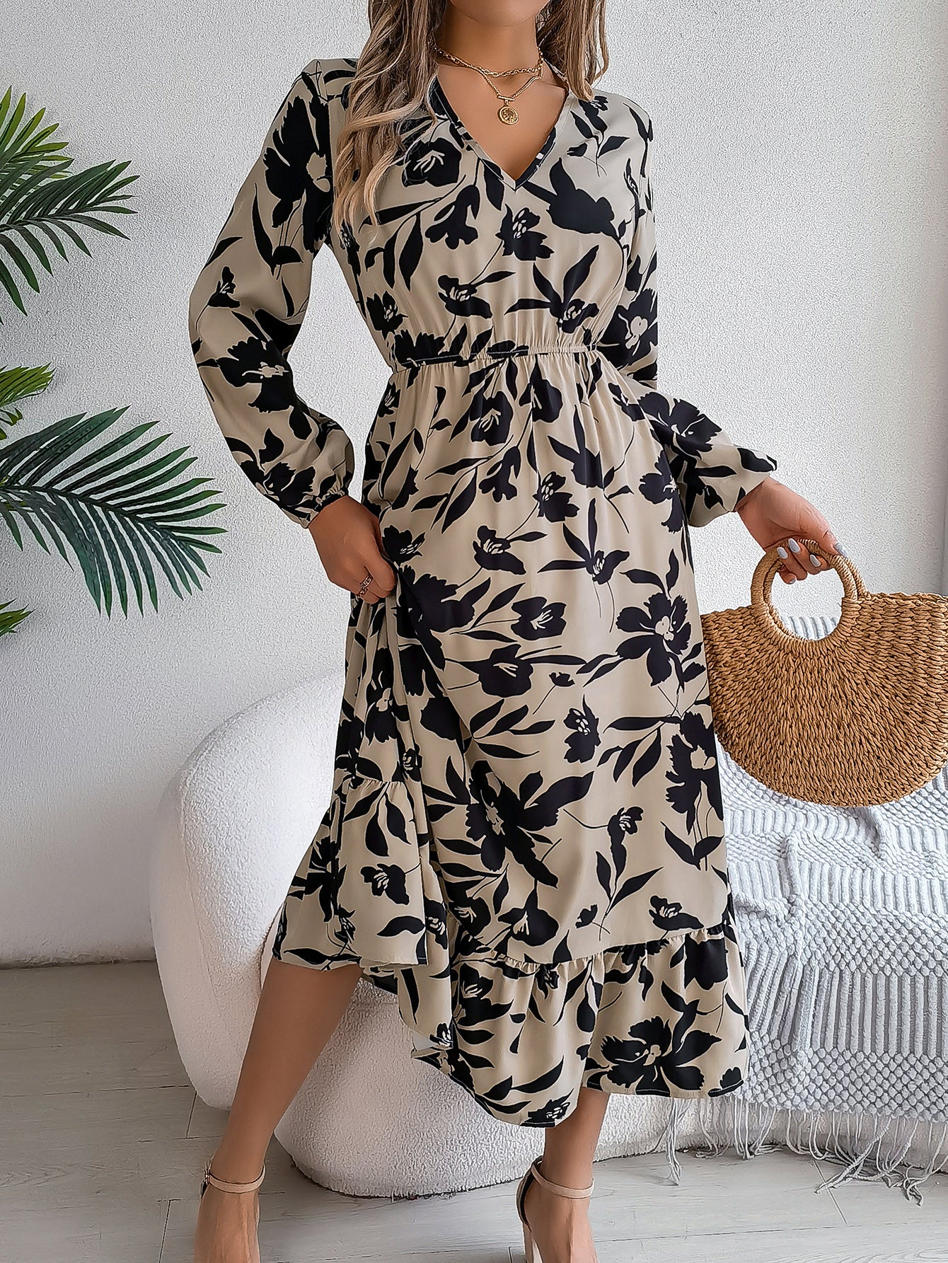 Casual Floral Print Tie Waist Long Sleeve Ruffle Dress