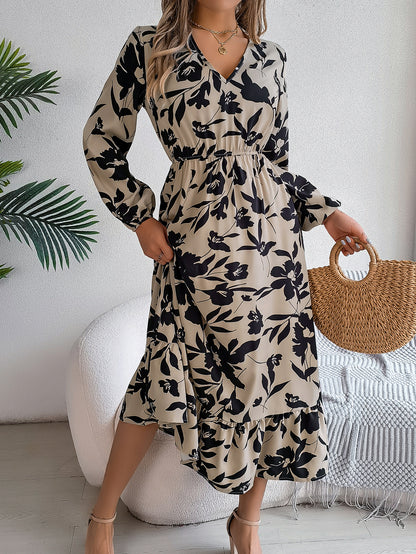 Casual Floral Print Tie Waist Long Sleeve Ruffle Dress