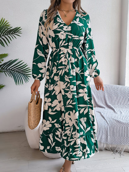 Casual Floral Print Tie Waist Long Sleeve Ruffle Dress