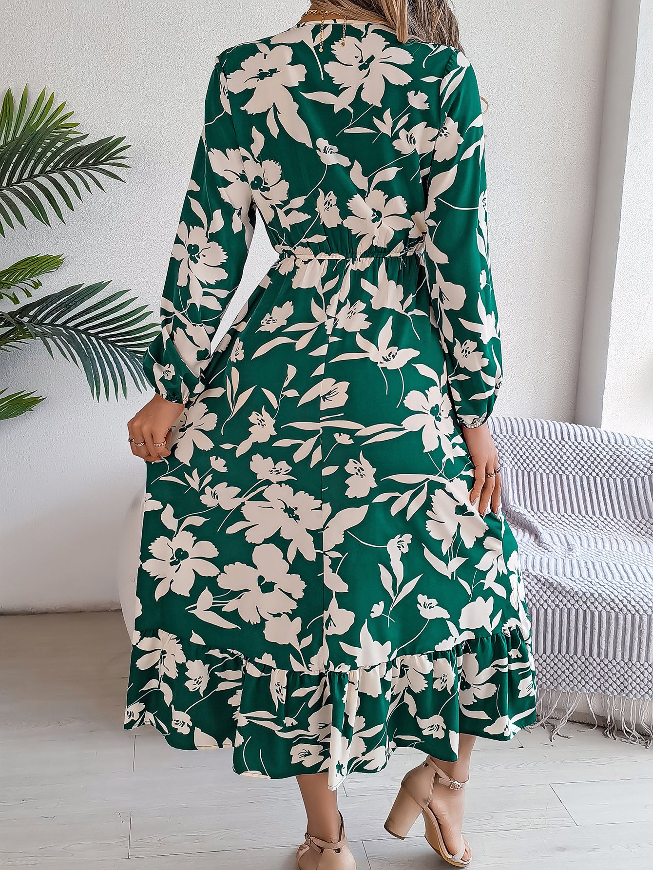 Casual Floral Print Tie Waist Long Sleeve Ruffle Dress