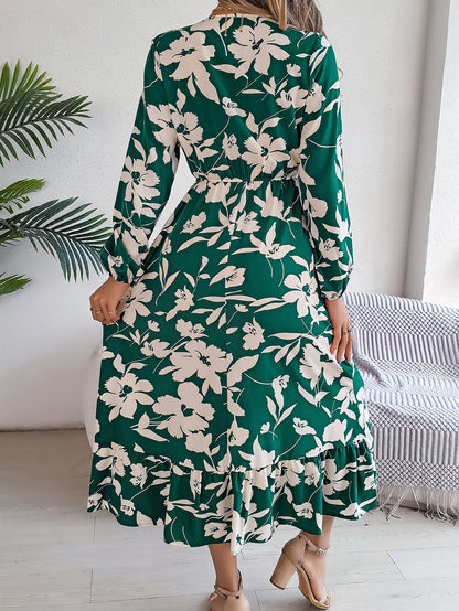 Casual Floral Print Tie Waist Long Sleeve Ruffle Dress